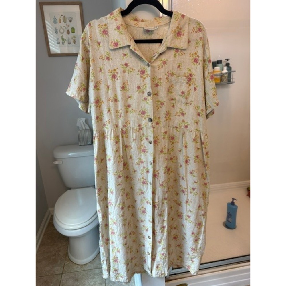 Vintage Match Linen Cotton Floral Button Front Dress Sz 16 USA Made Cottagecore